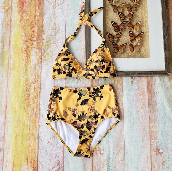 Modcloth Other - Modcloth Yellow Floral High Waist Bikini Swimsuit
